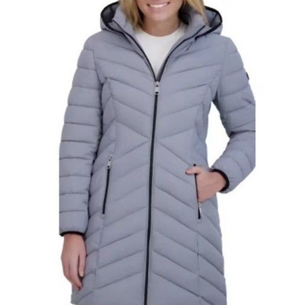 DKNY Womens Hooded Down Coat M Gray Quilted Puffer Jacket Water Resistant NWT